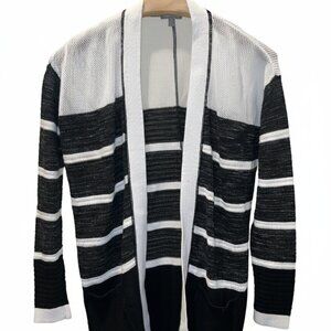 Talbots Navy Blue and White Stripe Open-Front Flyaway Cardigan Sweater